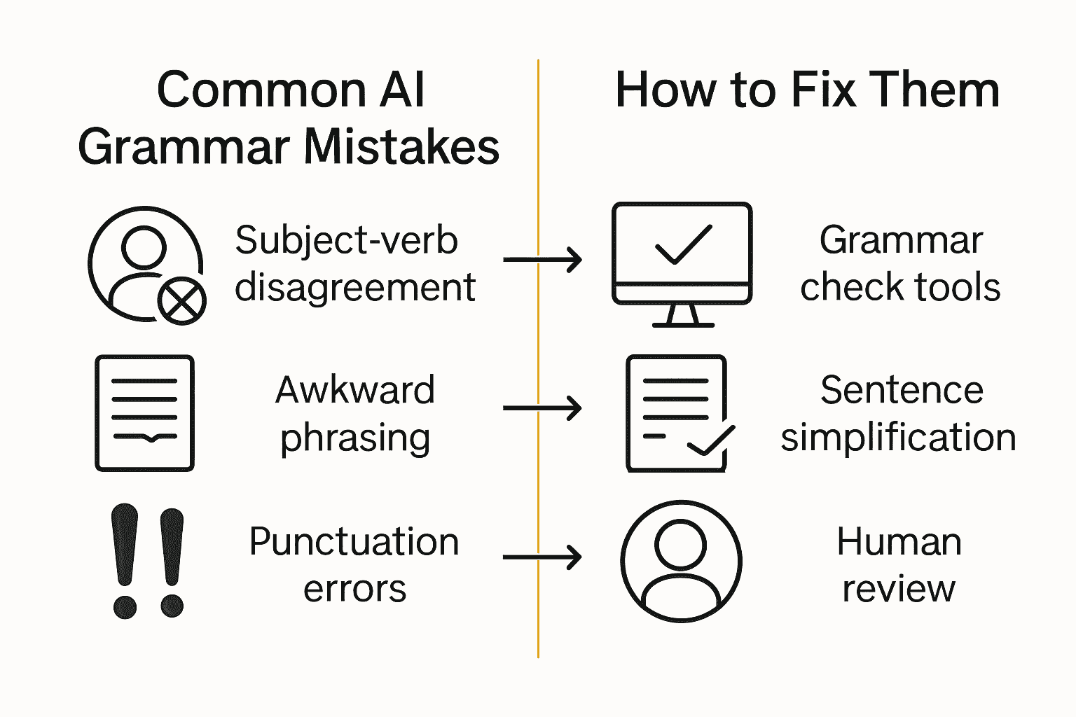 Infografica che mostra errori grammaticali comuni nella scrittura IA e come correggerli.