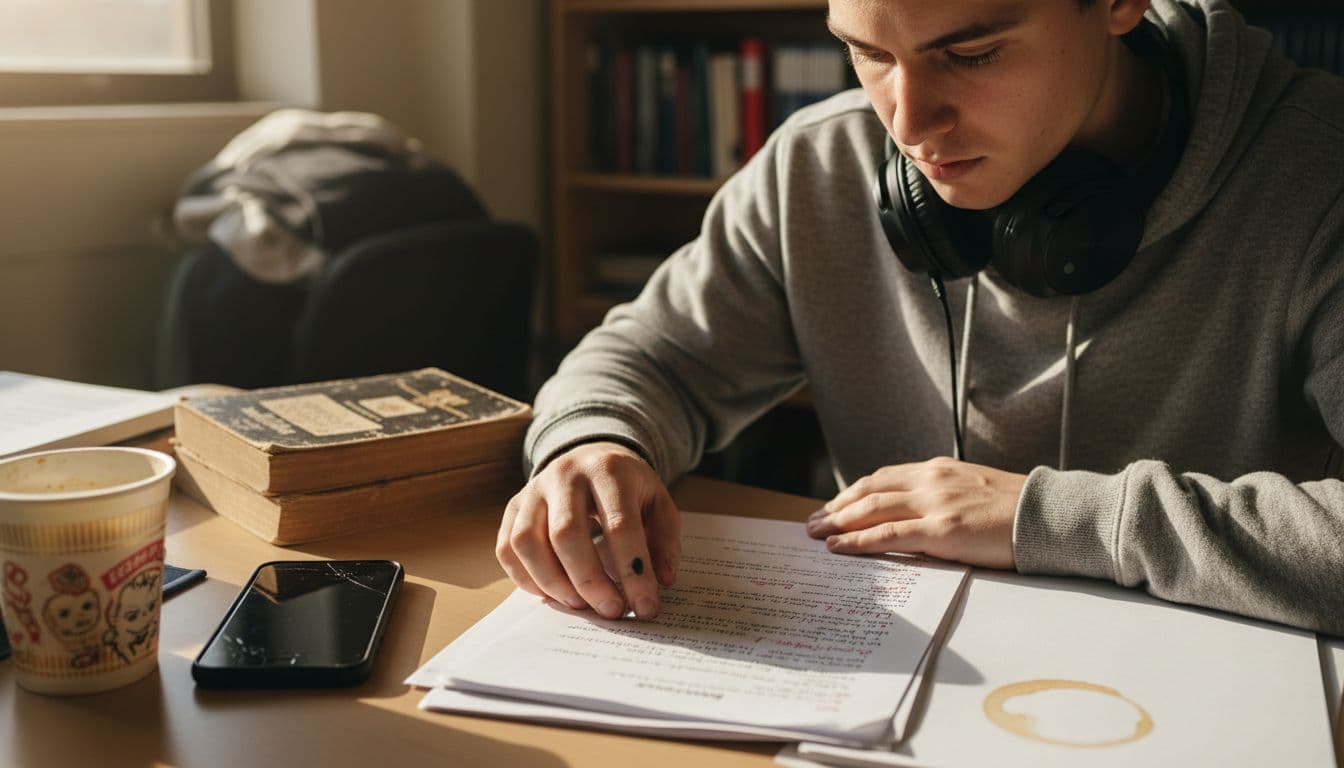 Estudante revisa ensaio com anotações