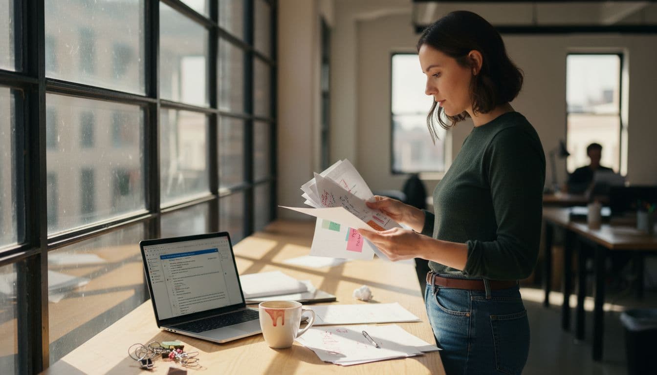 Editor che rivede una bozza stampata con uno strumento IA