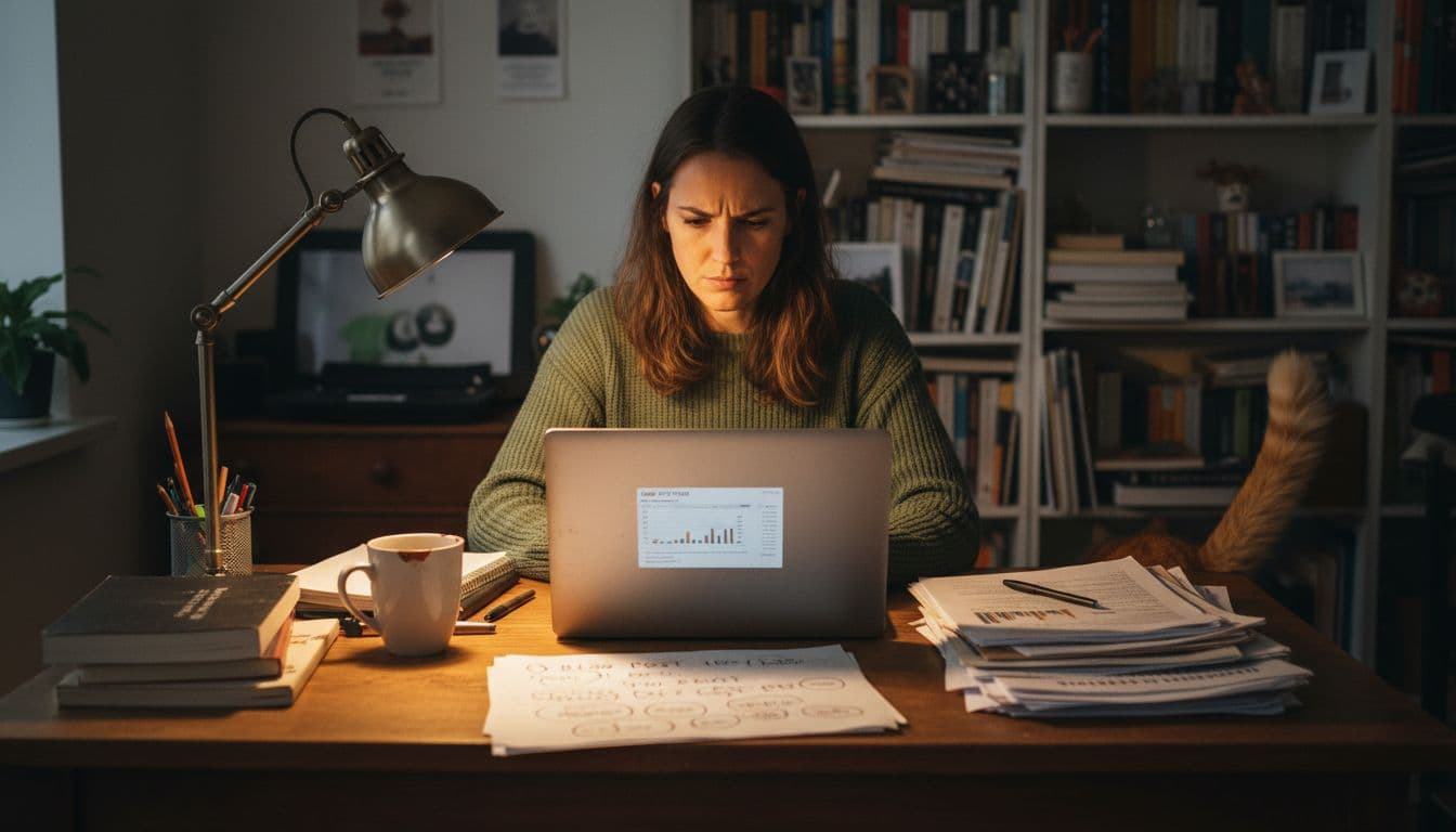 Escritor revisa tendencias de palabras clave en laptop