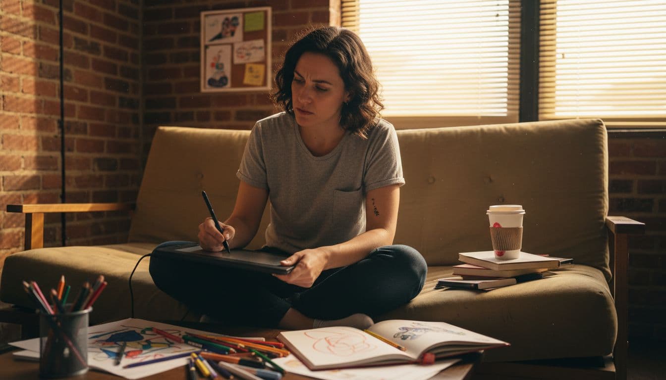 Illustrateur dessinant dans un studio décontracté