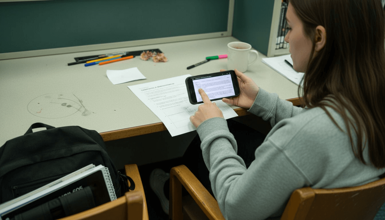 Estudiante usando herramienta de escritura de IA en la biblioteca