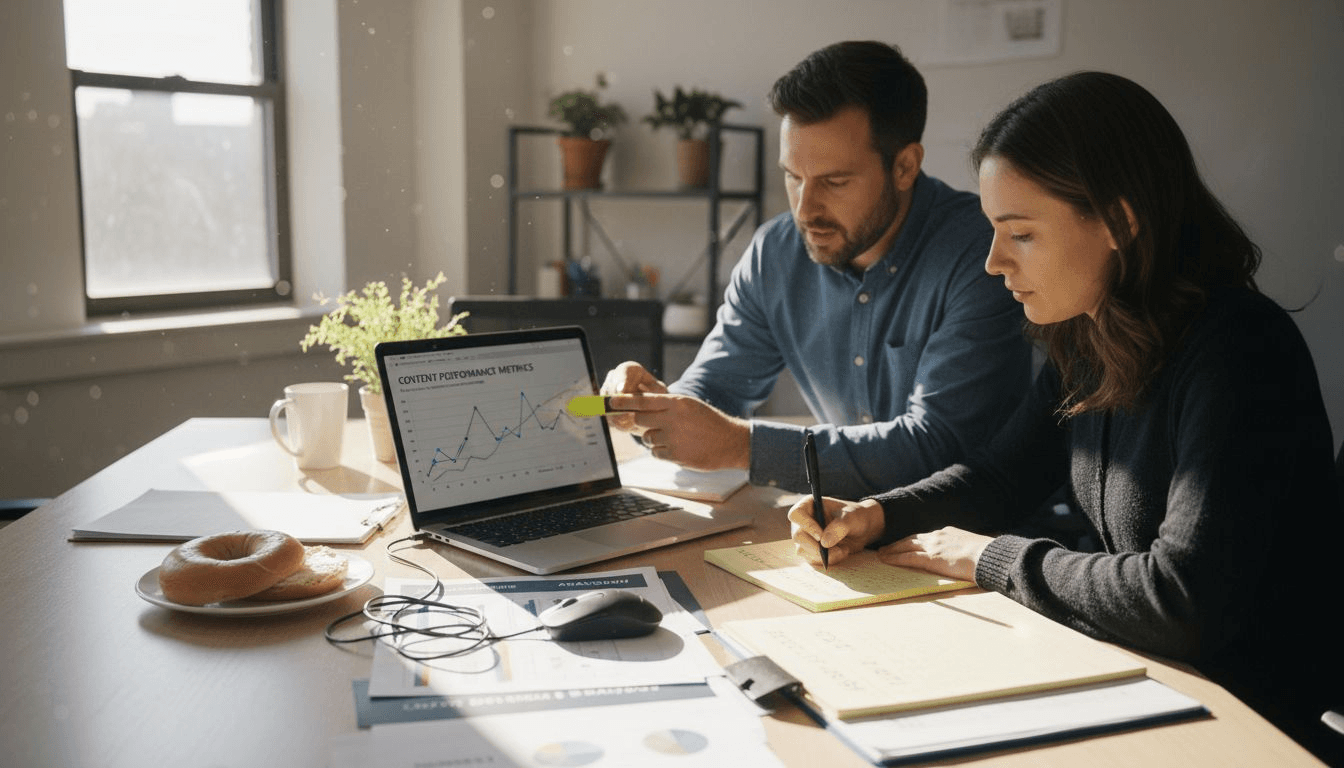 Les analystes examinent le tableau de bord avec des indicateurs de performance du contenu