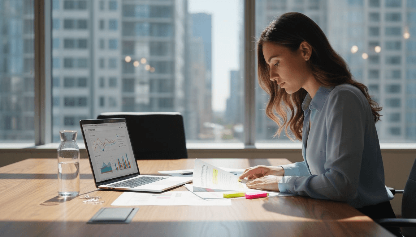 Marketeer bekijkt SEO-rapport aan tafel