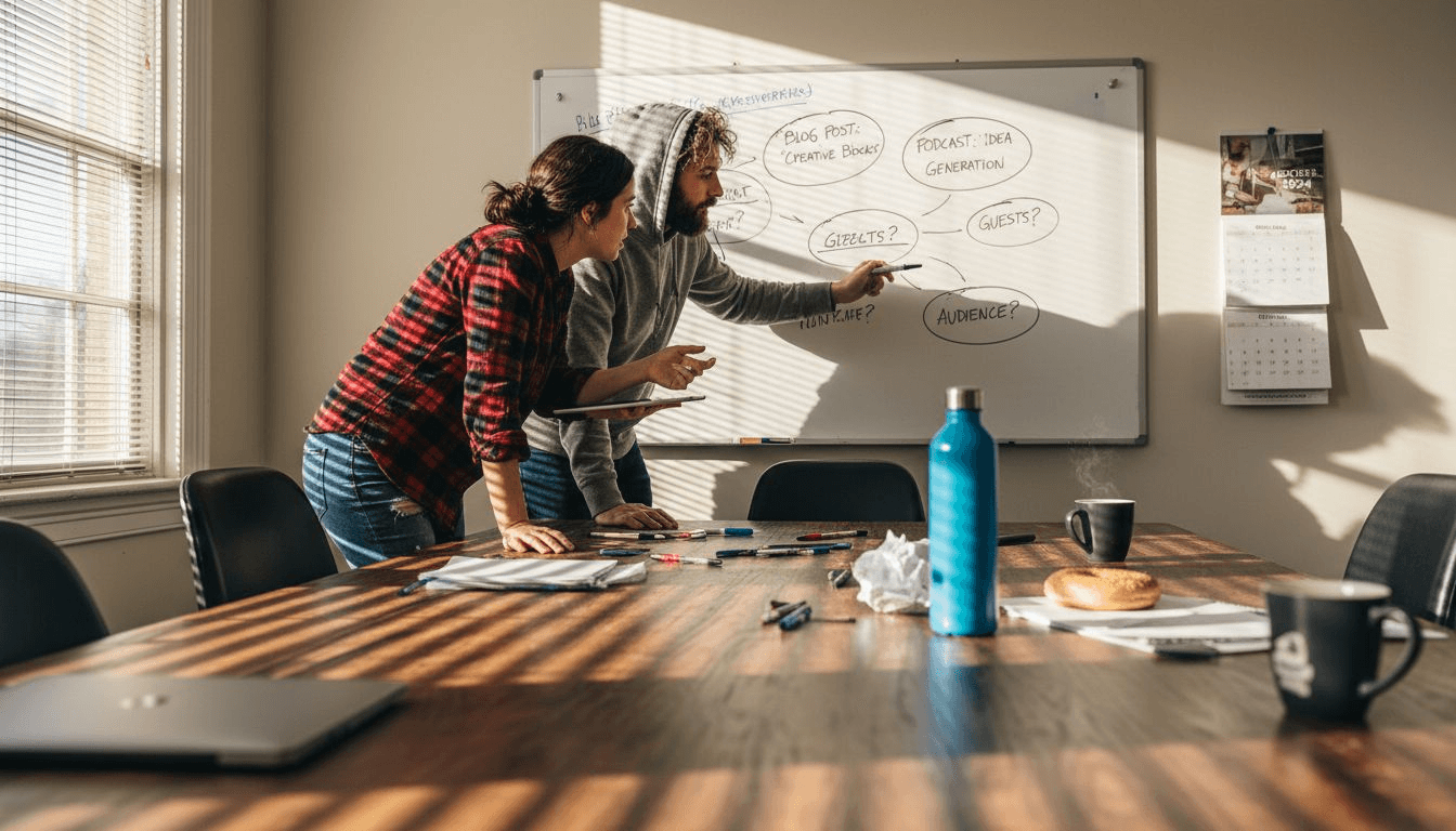 Kollegen skizzieren gemeinsam Ideen für Inhaltsformate