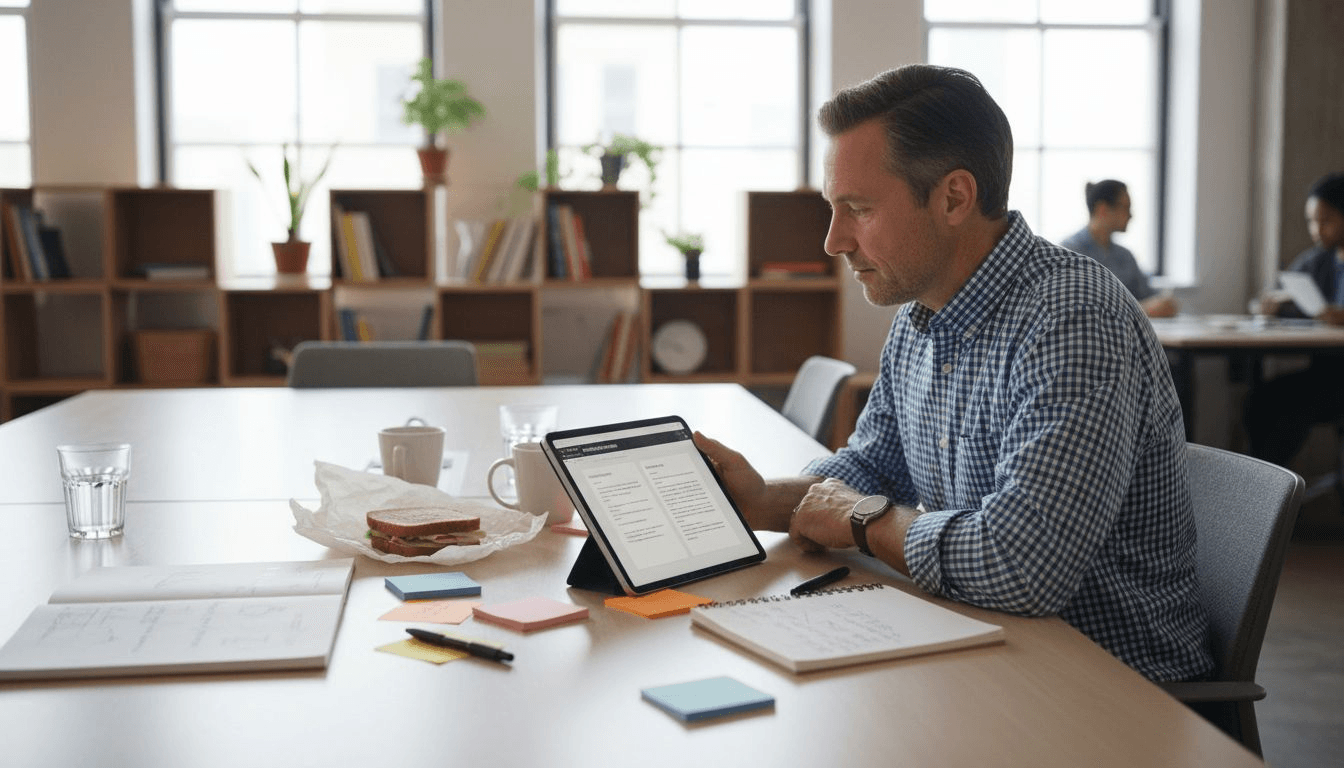 Hombre comparando borradores de escritura en la mesa de trabajo