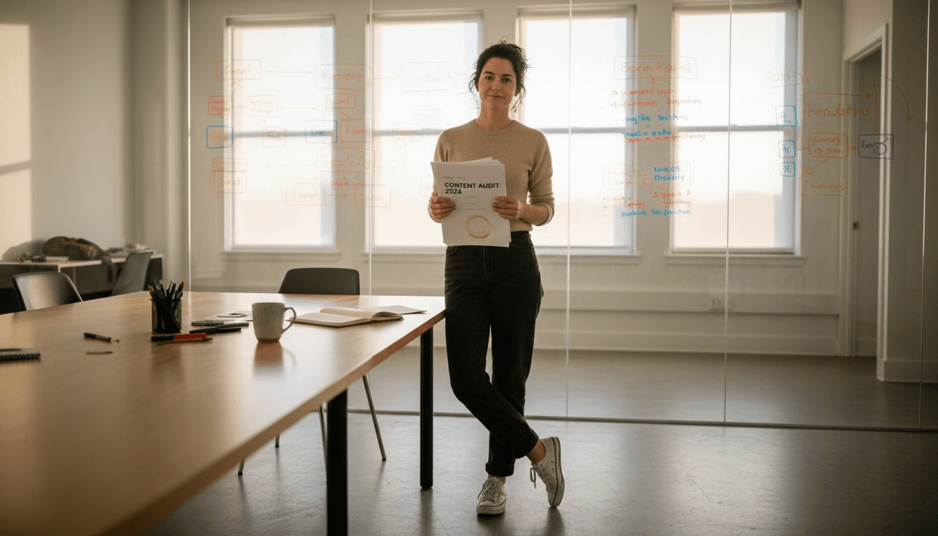 Marketer examinant des audits de contenu imprimés