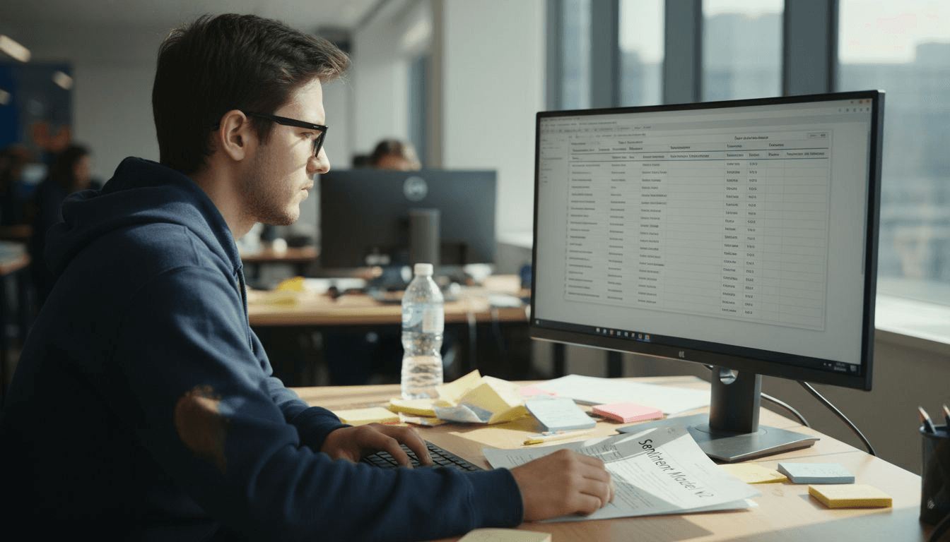 Ingenieur überprüft NLP-Ergebnisse an einem überfüllten Schreibtisch