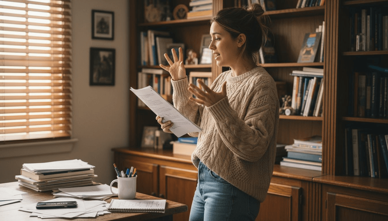 Femme lisant un manuscrit à voix haute dans un bureau