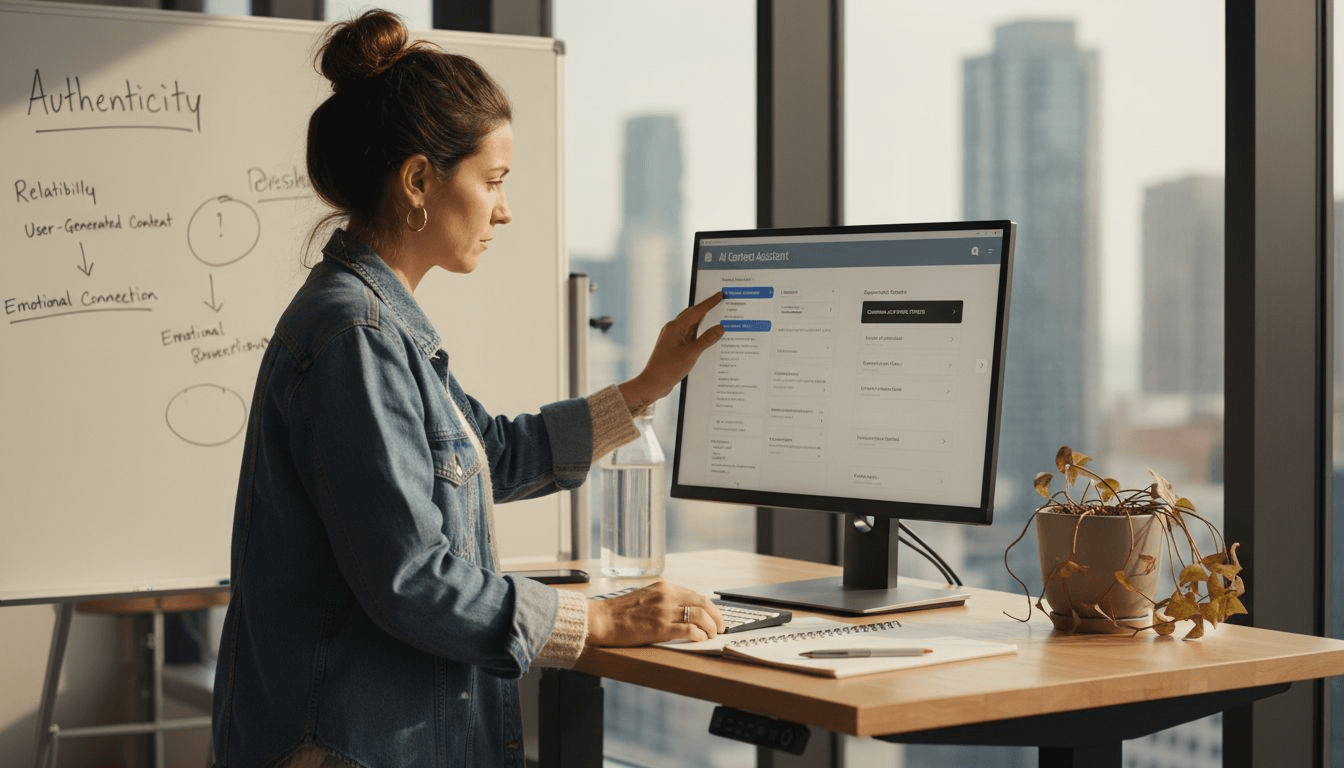 Estrategista trabalhando com assistente de conteúdo de IA