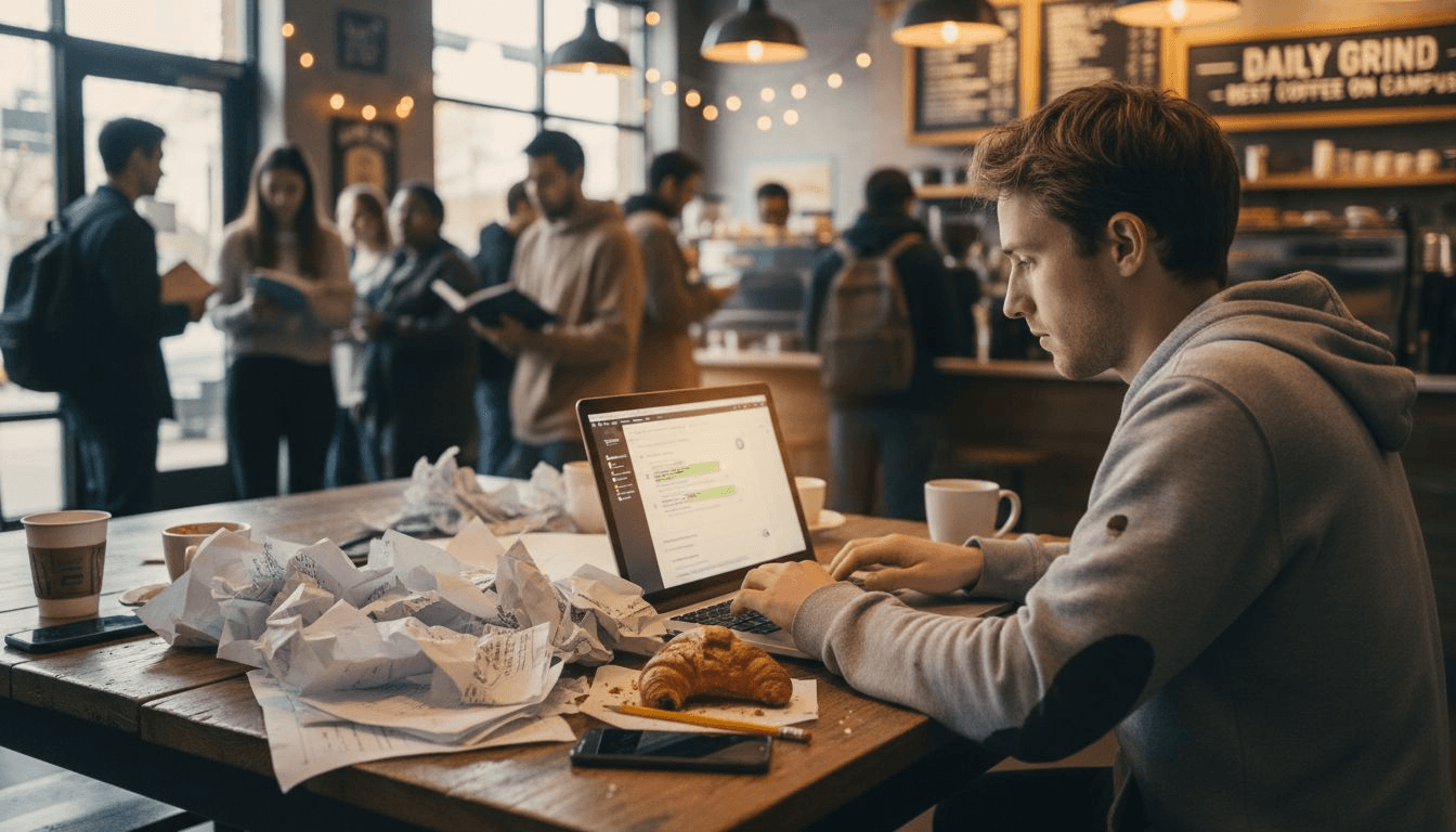 Étudiant utilisant un outil dIA dans un café