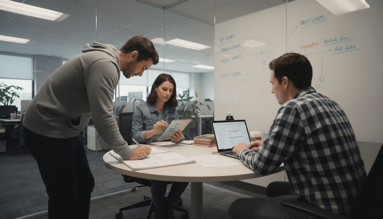 Team brainstormt mit Papier und Geräten