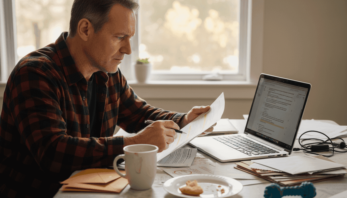 Leditor controlla il testo IA al tavolo della cucina