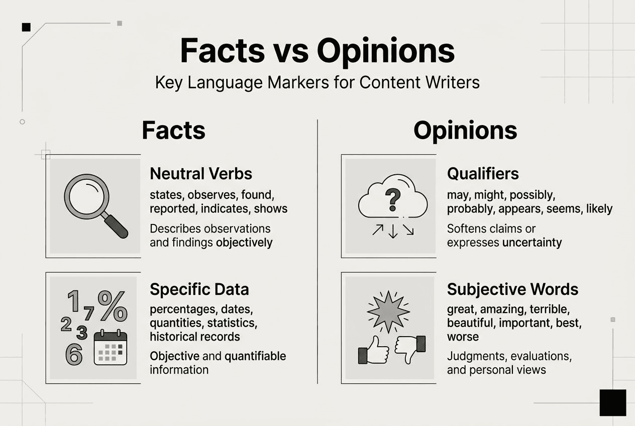 Infográfico visualizando marcadores de fato e opinião