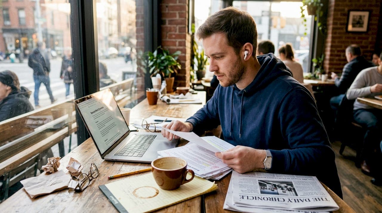 Blogger überprüft Fakten in einem belebten Café