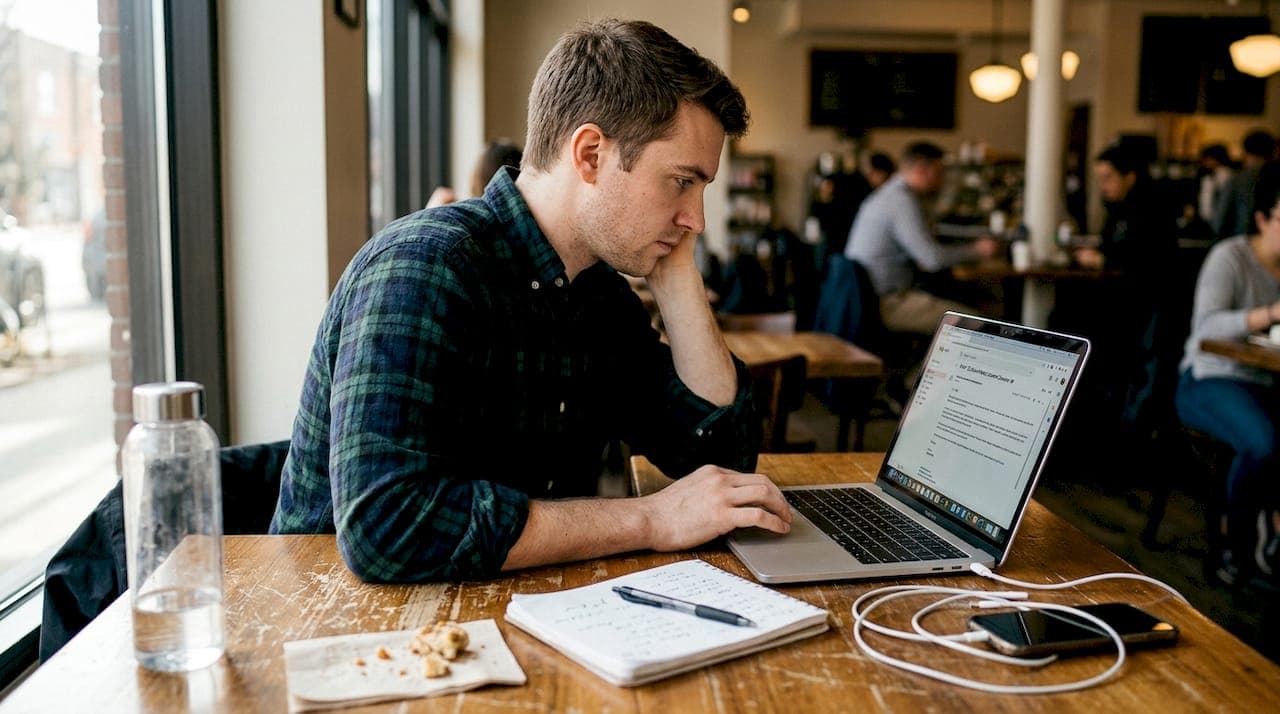 Marketer editing email from AI draft in café