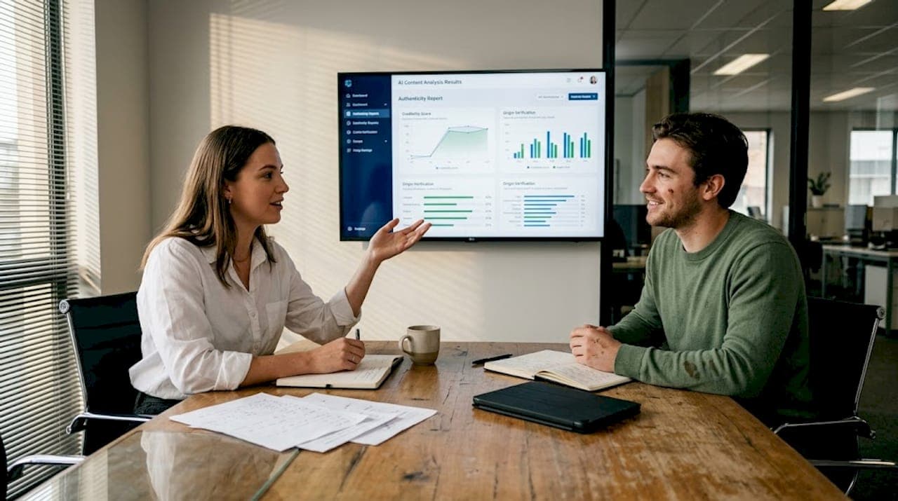 Colleagues discussing AI detection analysis