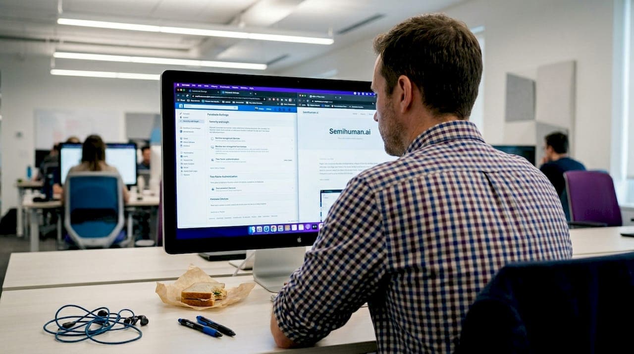 Hombre auditando su historial de redes sociales en una oficina de planta abierta