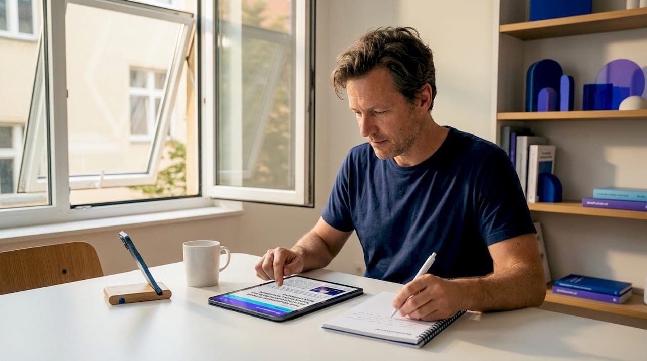 Freelancer verificando contenido en su espacio de trabajo en casa