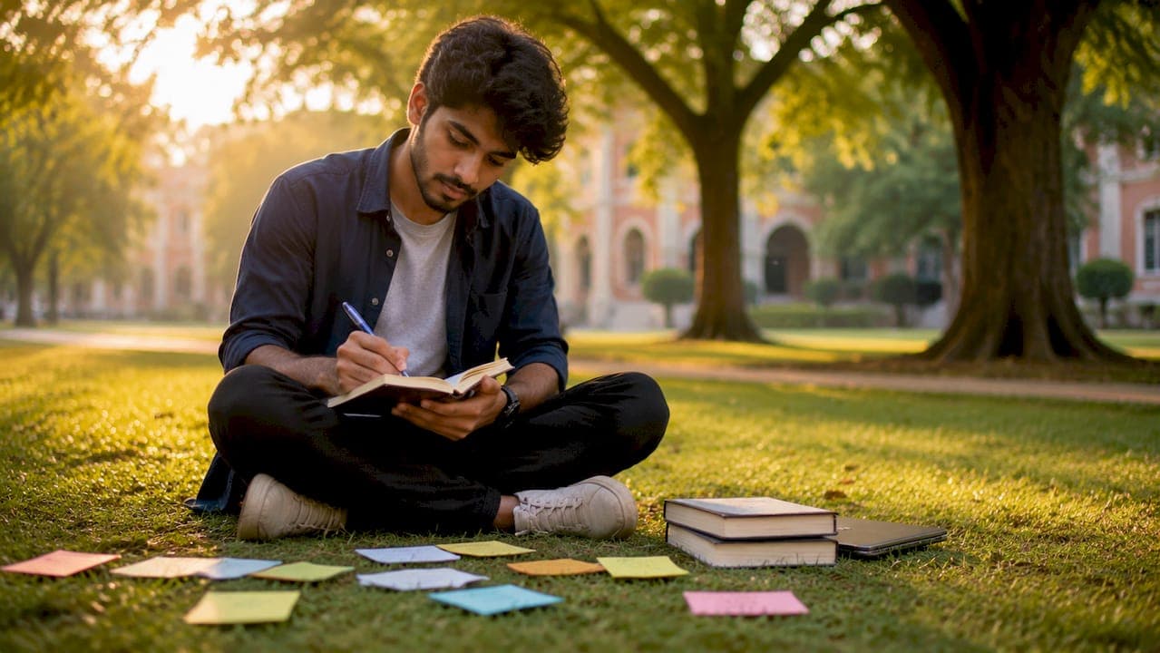 Student reviewing notes on linguistic cues
