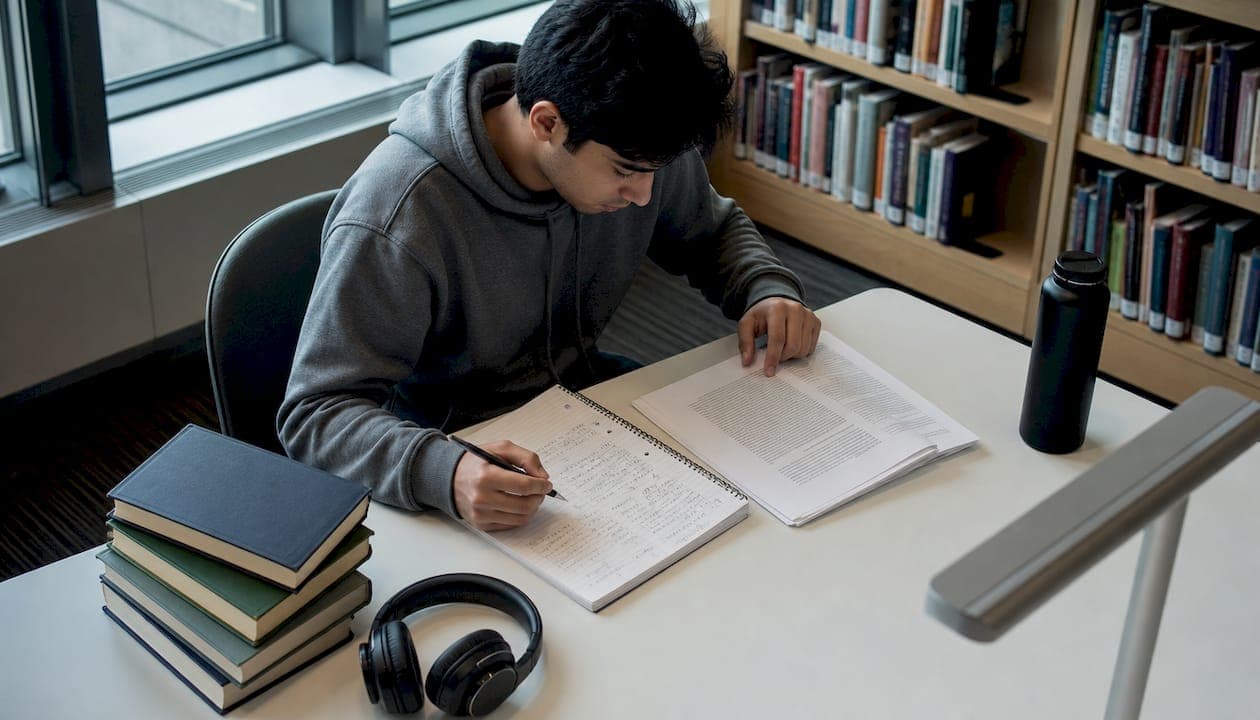 Étudiant comparant ses notes et une dissertation générée par lIA