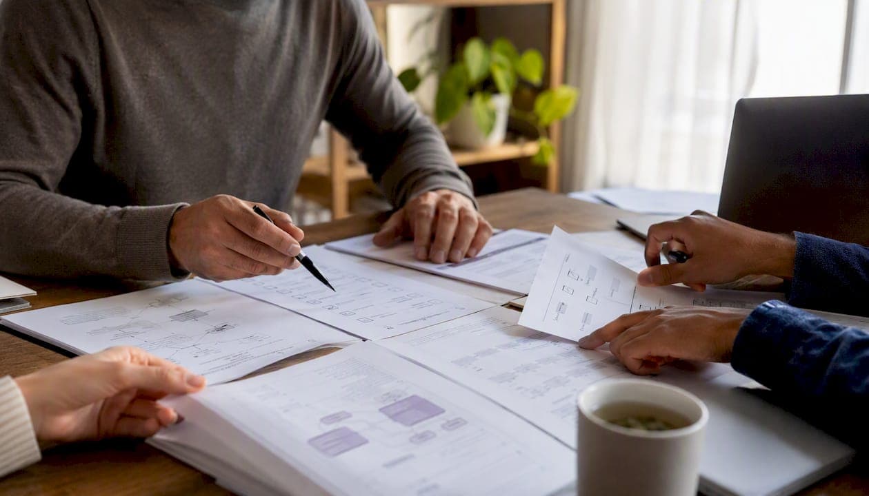 Hands arranging editorial workflow checklists