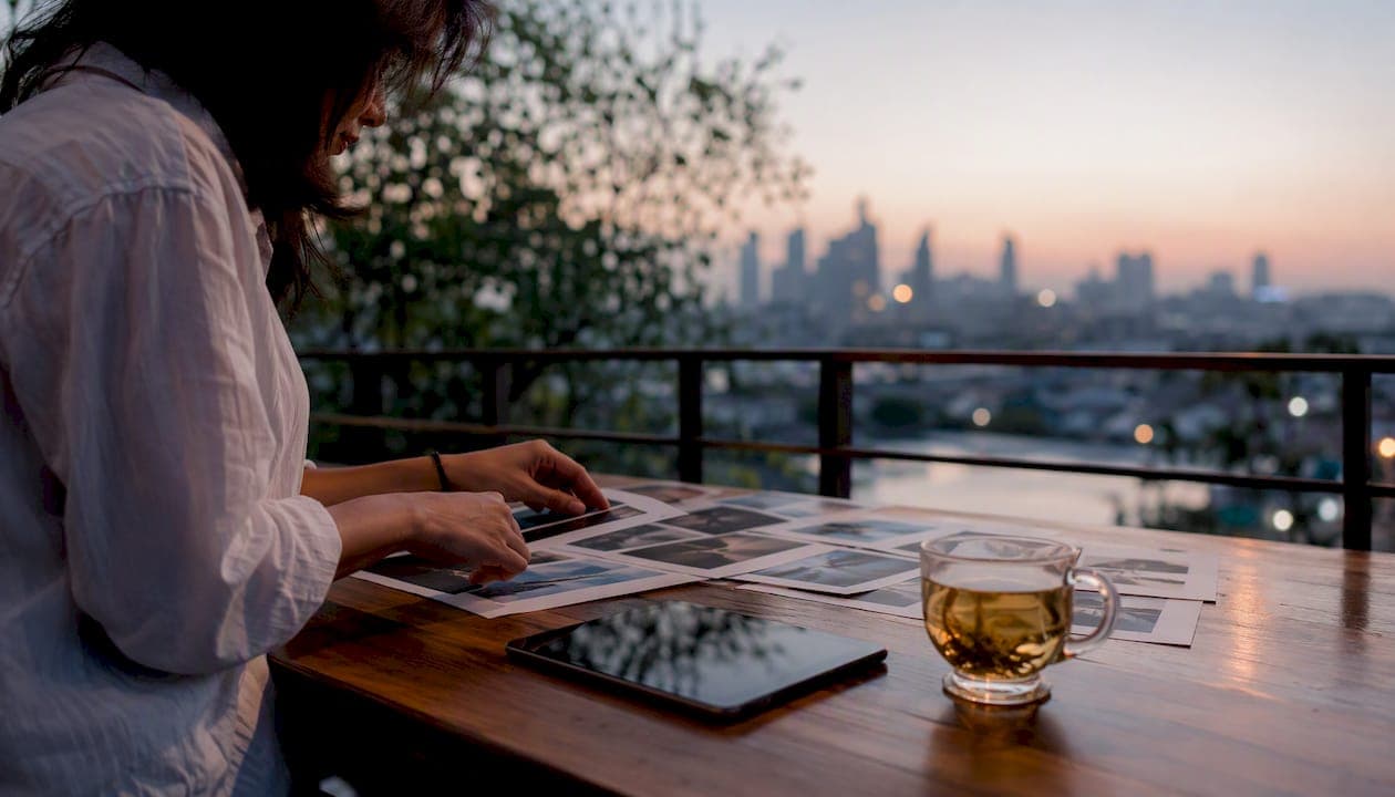Hands organizing content formats on desk