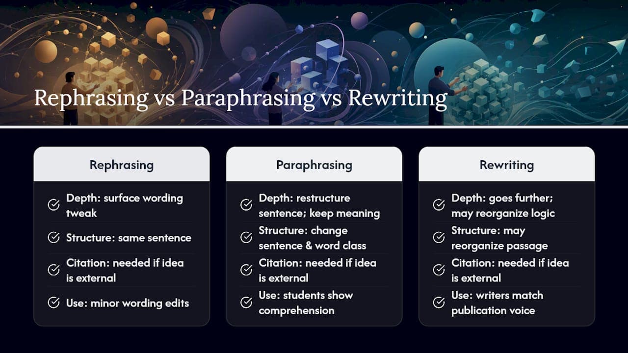 Comparison diagram of rephrasing, paraphrasing, and rewriting
