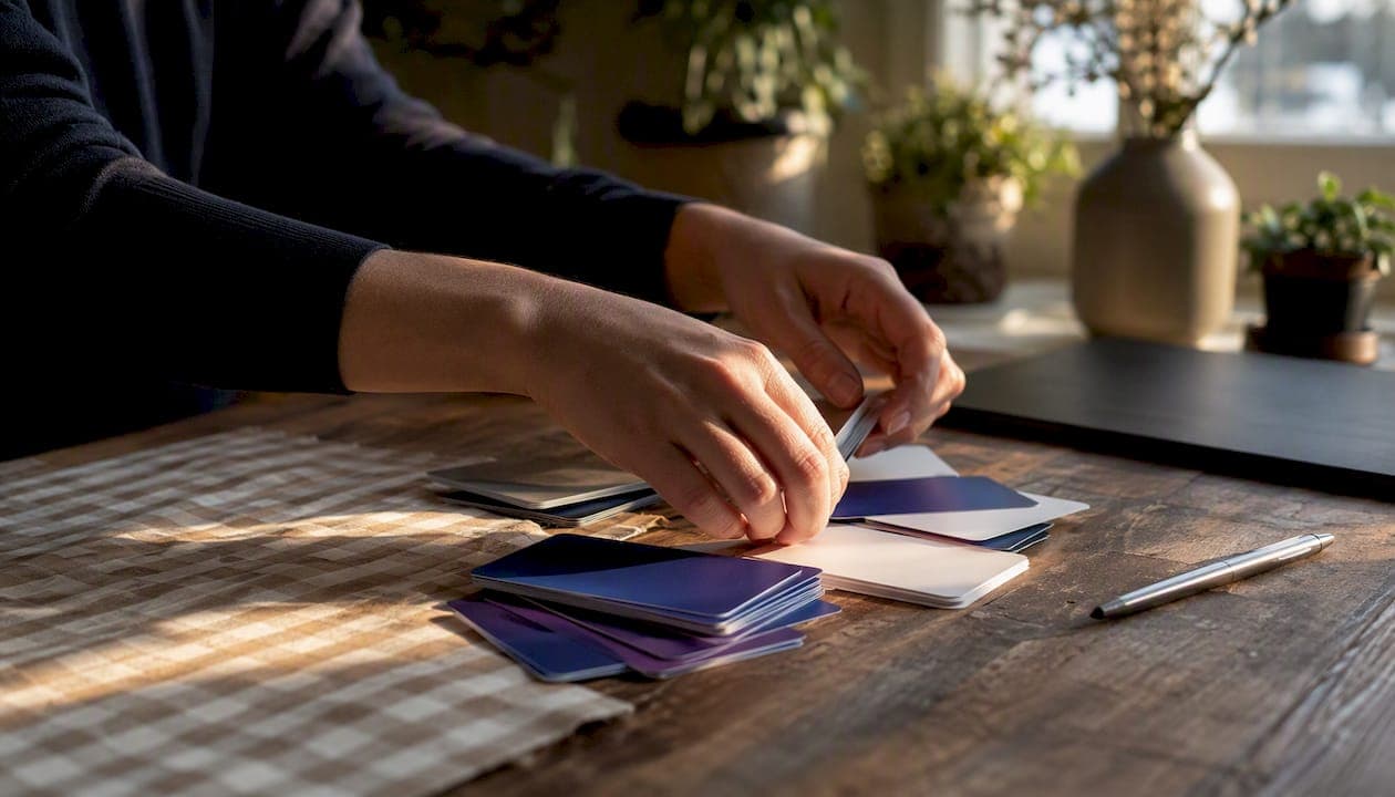 Hands sorting networking cards on desk