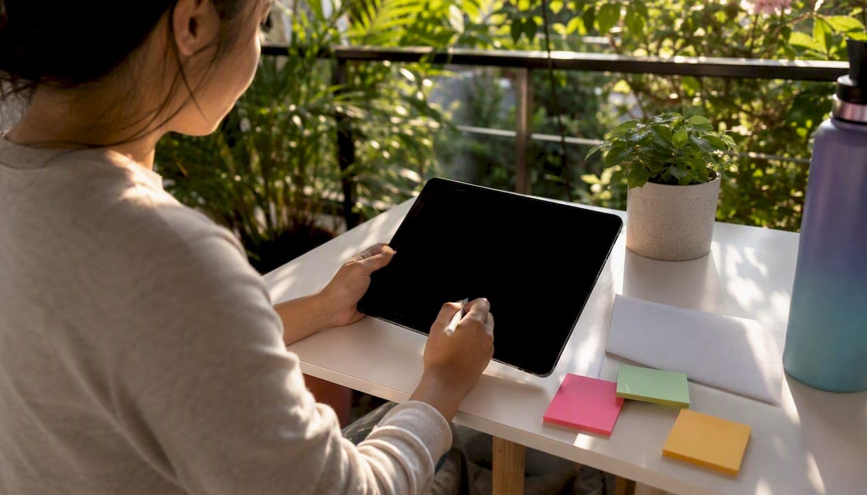 Student organizing thesis notes on tablet