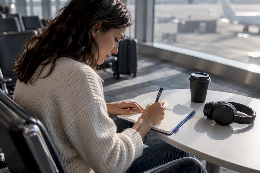 Portable notebook writing ritual at airport