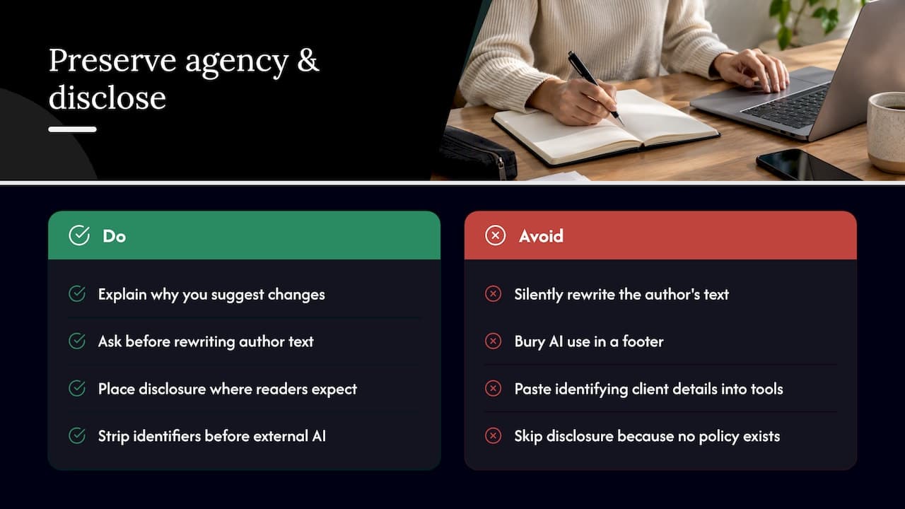 Preserve human agency and disclose AI use when appropriate — overview diagram
